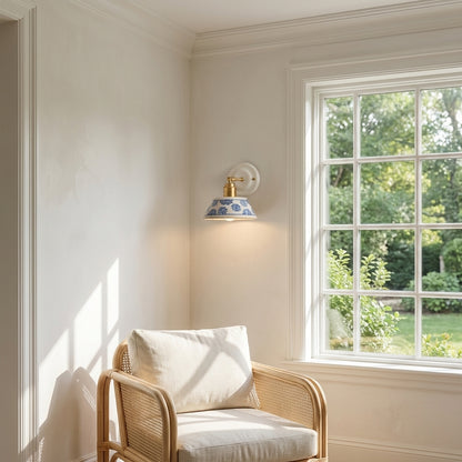 Handcrafted Blue Floral Ceramic Wall Sconce – Brass Adjustable Arm Light - Modefinity