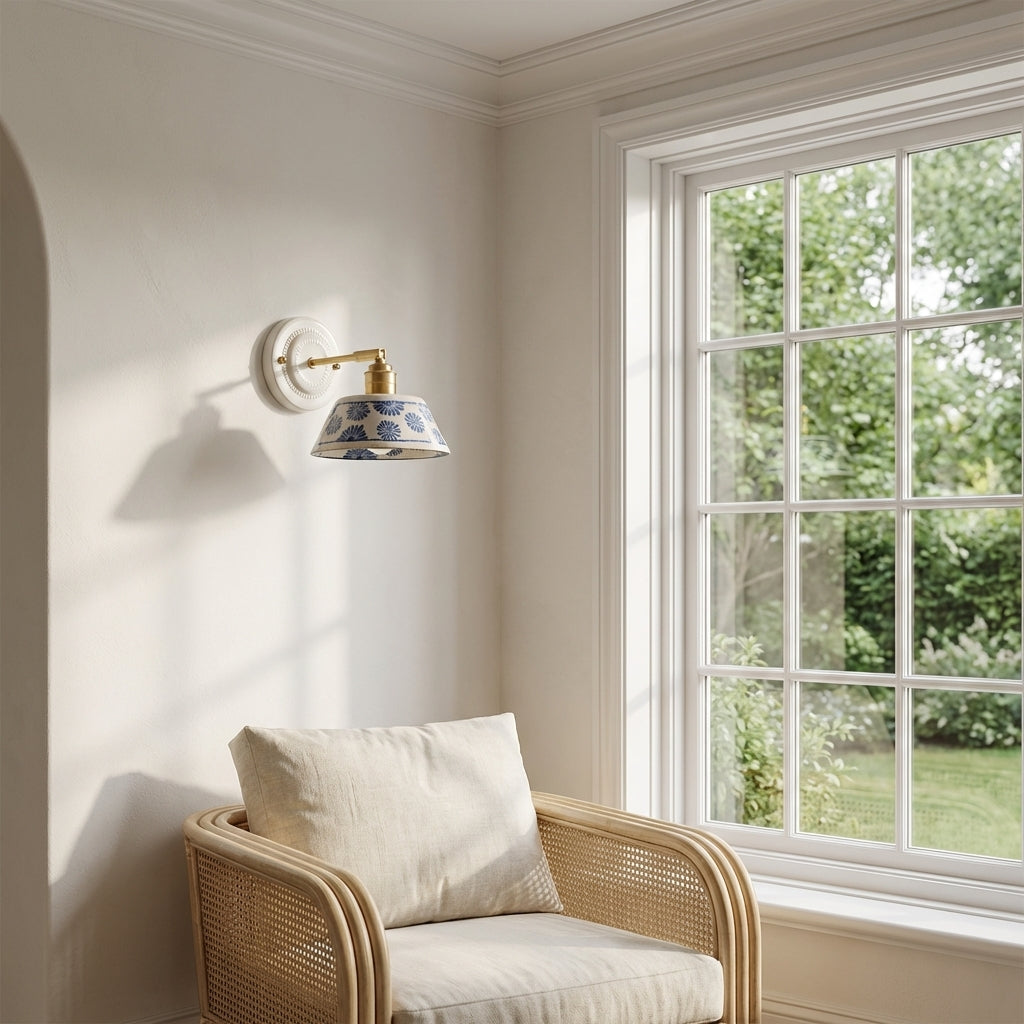 Handcrafted Blue Floral Ceramic Wall Sconce – Brass Adjustable Arm Light - Modefinity