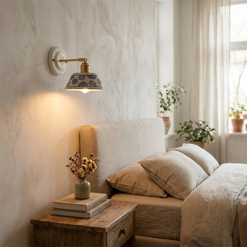 Handcrafted Blue Floral Ceramic Wall Sconce – Brass Adjustable Arm Light - Modefinity