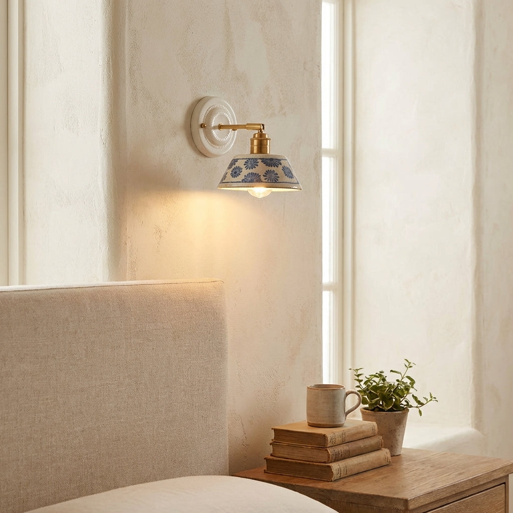 Handcrafted Blue Floral Ceramic Wall Sconce – Brass Adjustable Arm Light - Modefinity