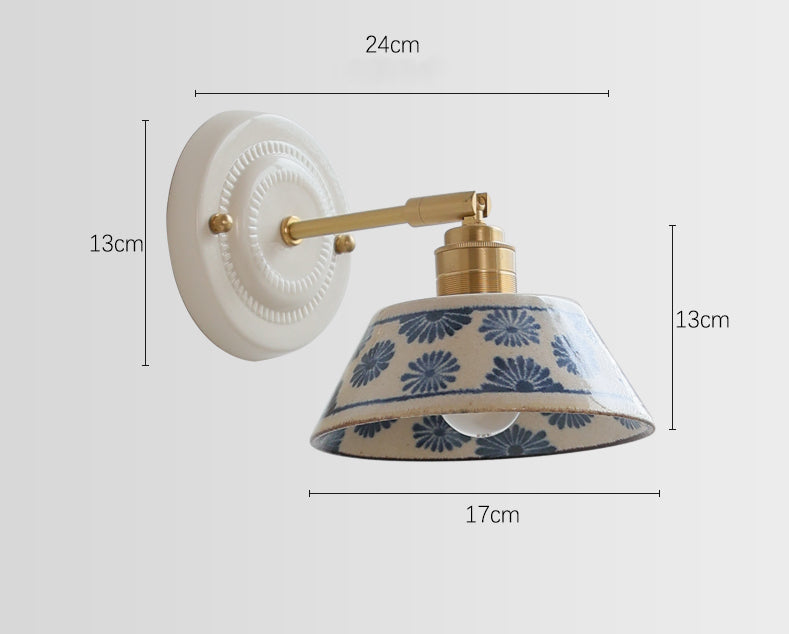 Handcrafted Blue Floral Ceramic Wall Sconce – Brass Adjustable Arm Light - Modefinity