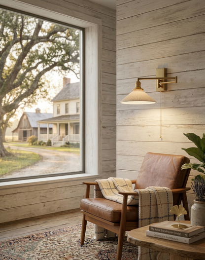 Aria Articulated Brass & Pleated Ceramic Sconce with Pull Chain - Modefinity