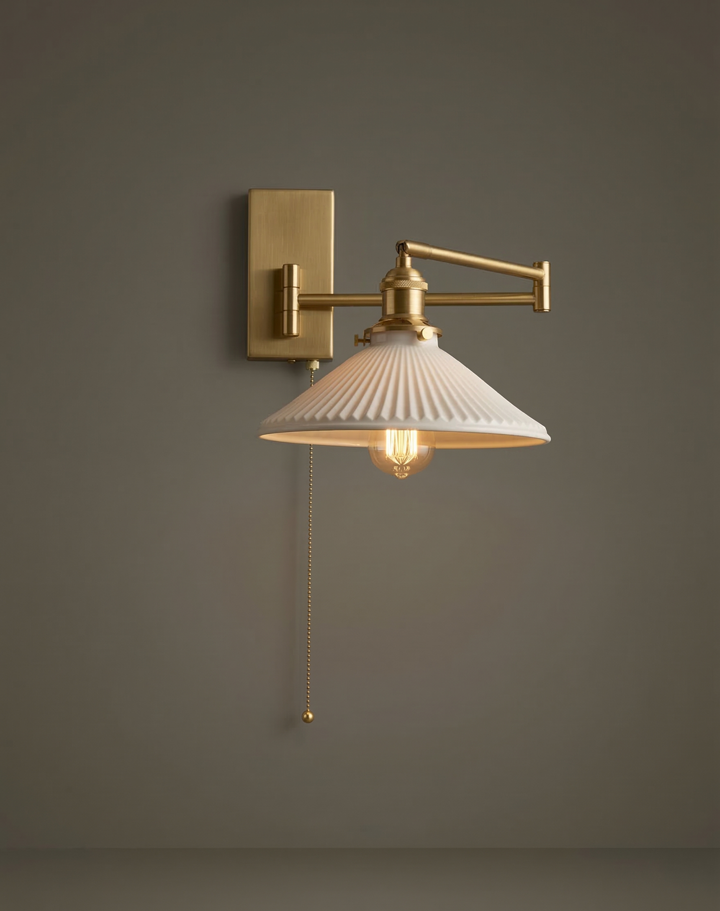 Aria Articulated Brass & Pleated Ceramic Sconce with Pull Chain - Modefinity