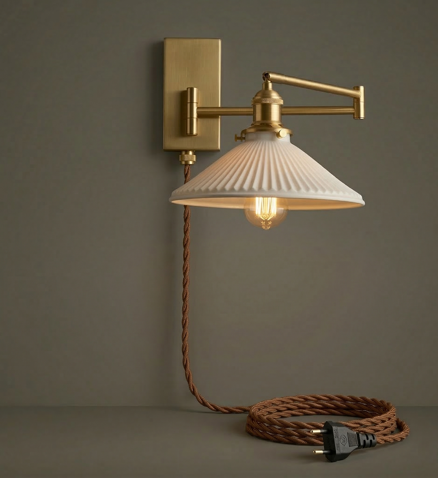 Aria Articulated Brass & Pleated Ceramic Sconce with Pull Chain - Modefinity