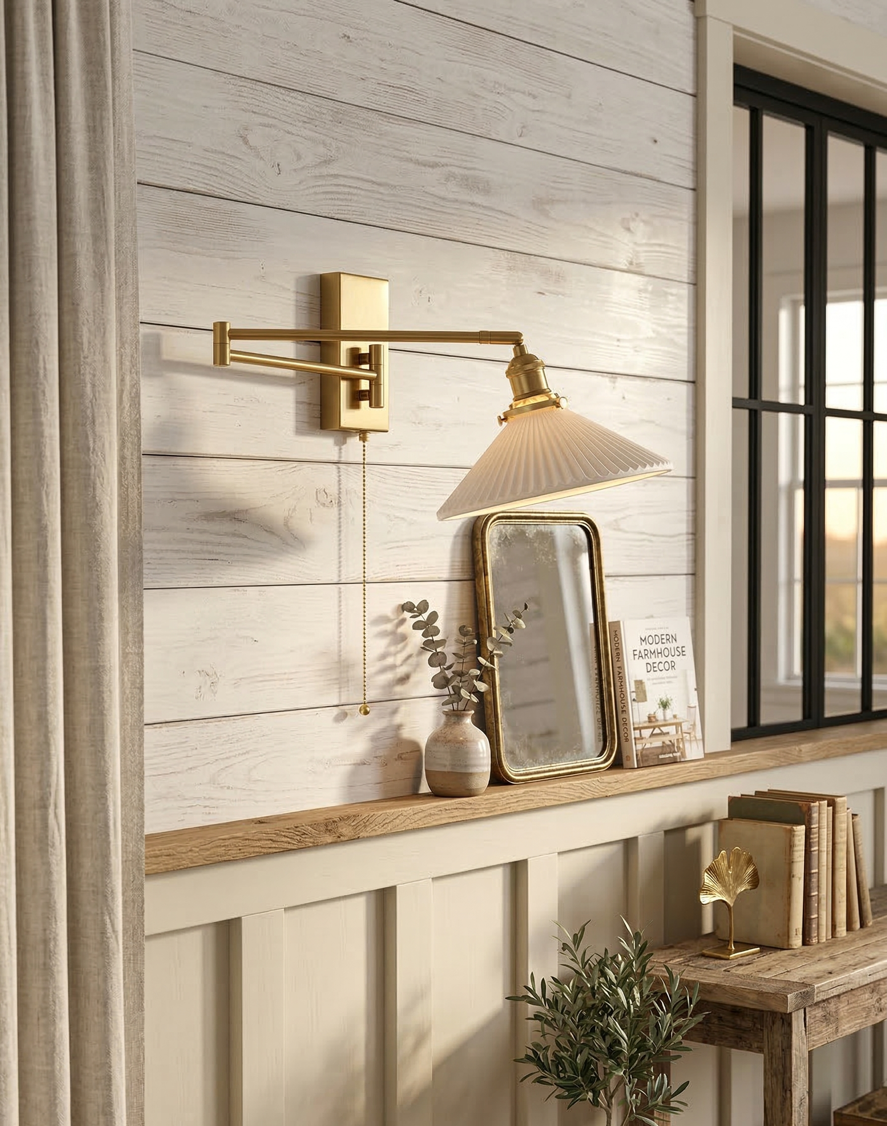 Aria Articulated Brass & Pleated Ceramic Sconce with Pull Chain - Modefinity