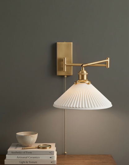 Aria Articulated Brass & Pleated Ceramic Sconce with Pull Chain - Modefinity