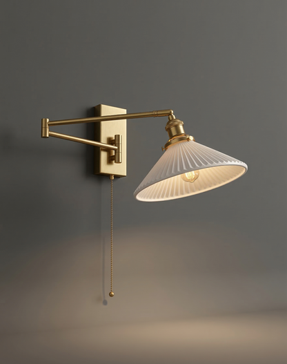 Aria Articulated Brass & Pleated Ceramic Sconce with Pull Chain - Modefinity