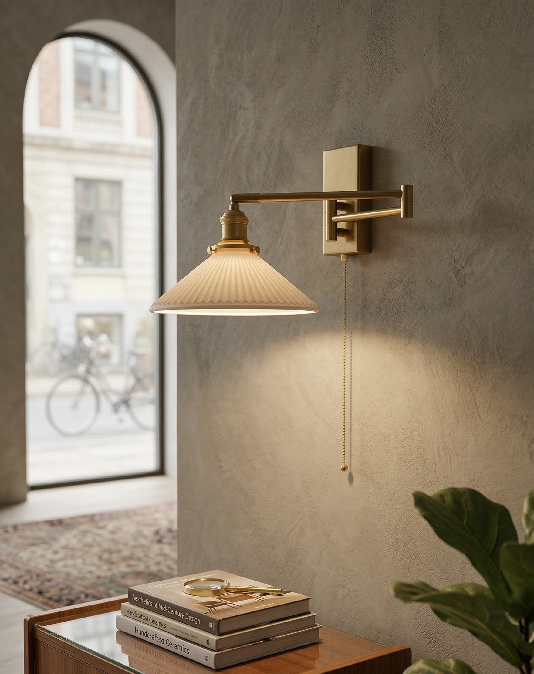 Aria Articulated Brass & Pleated Ceramic Sconce with Pull Chain - Modefinity