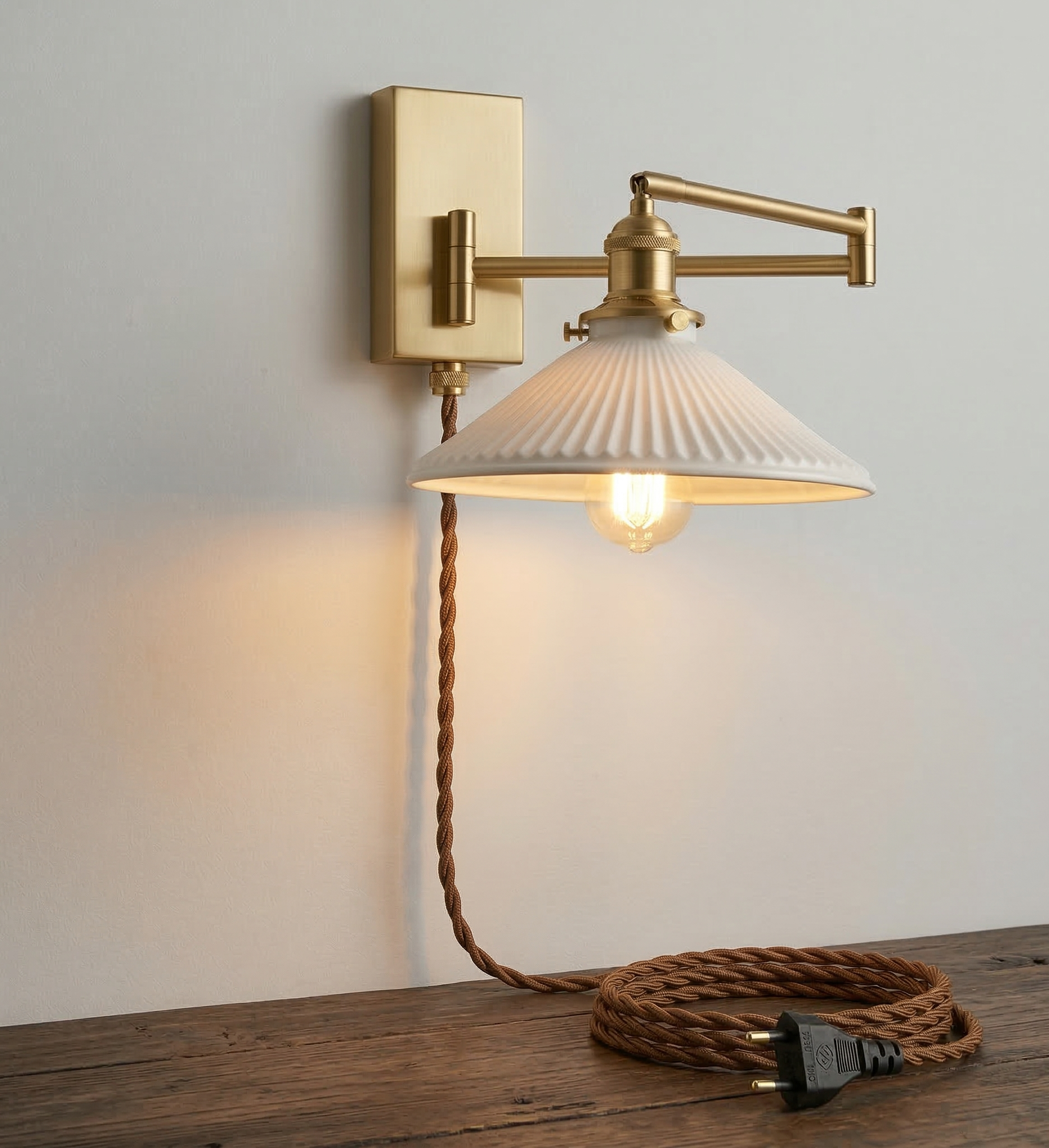 Aria Articulated Brass & Pleated Ceramic Sconce with Pull Chain - Modefinity