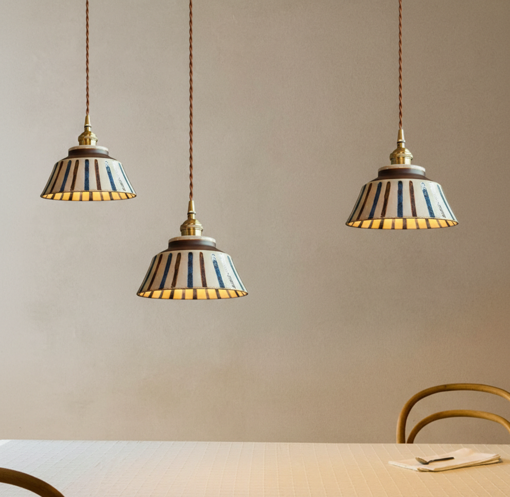 The Kyoto Stripe: Hand-Painted Ribbed Ceramic Pendant Light