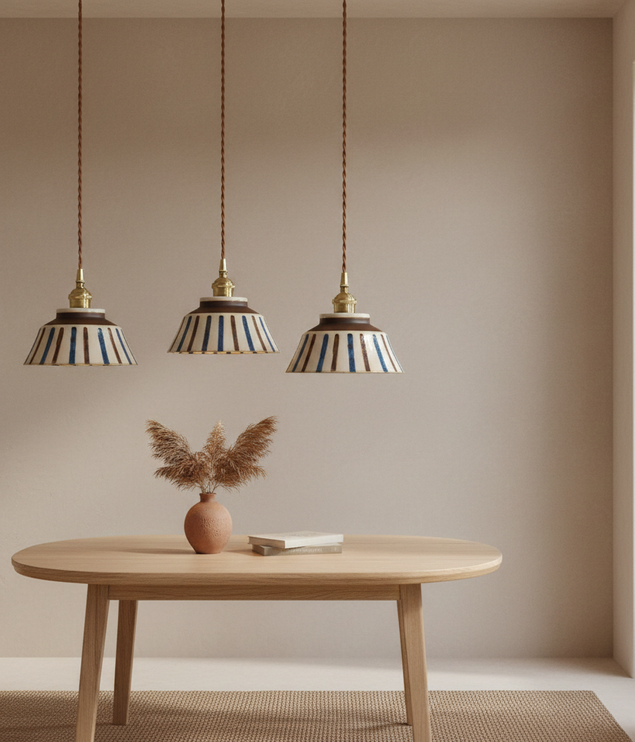 The Kyoto Stripe: Hand-Painted Ribbed Ceramic Pendant Light