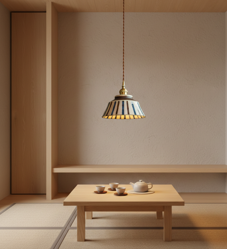 The Kyoto Stripe: Hand-Painted Ribbed Ceramic Pendant Light