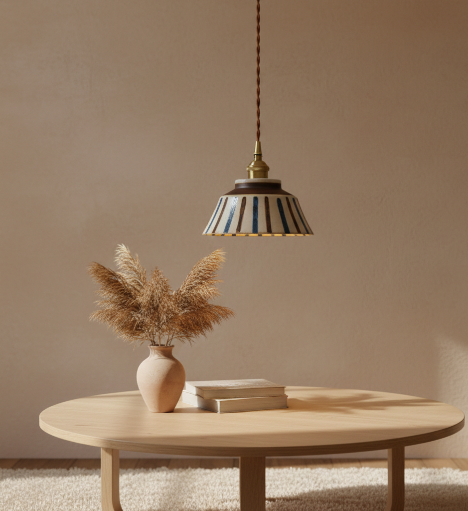 The Kyoto Stripe: Hand-Painted Ribbed Ceramic Pendant Light