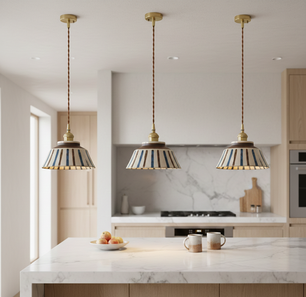 Farmhouse Ceramic Pendant Light with Brass Accents