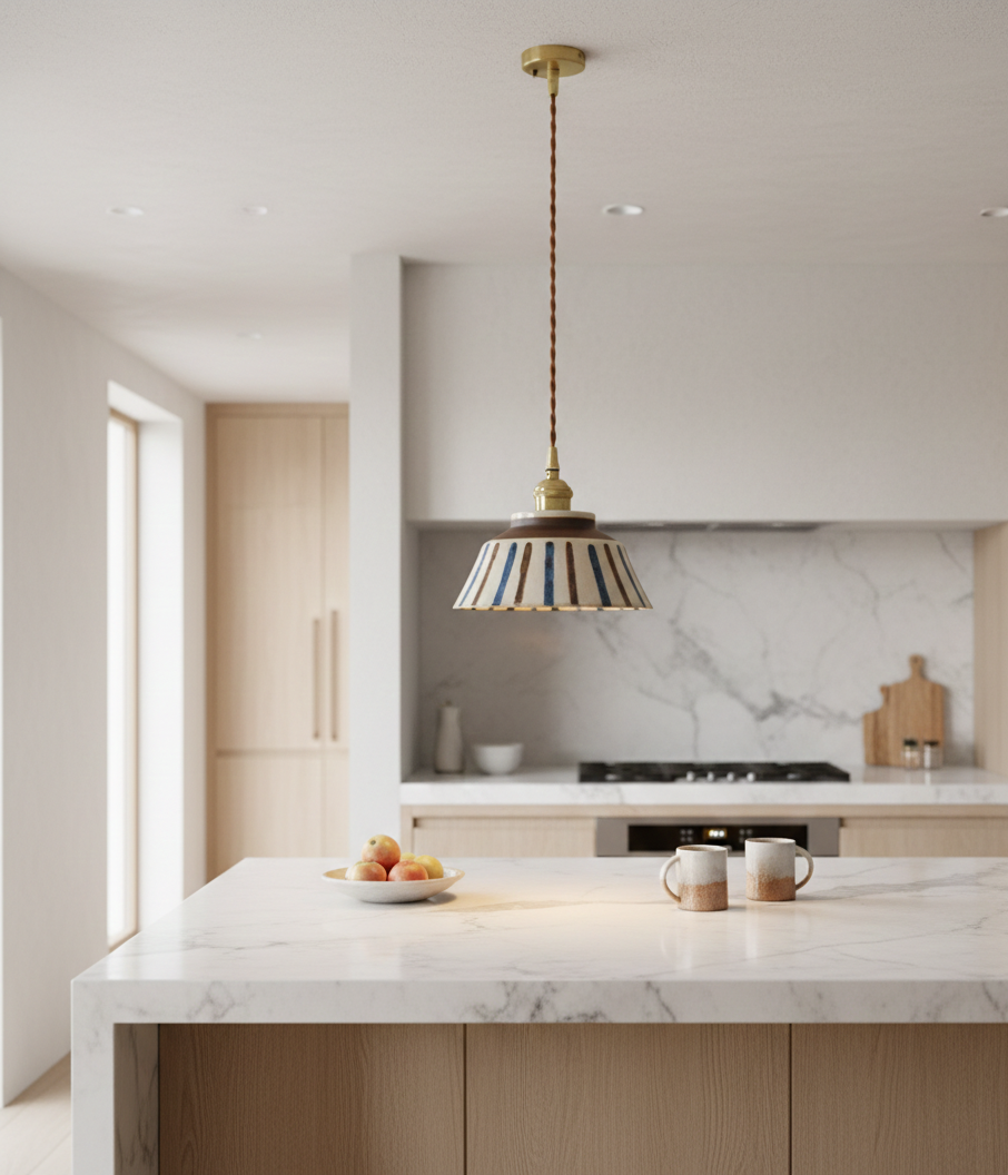 Farmhouse Ceramic Pendant Light with Brass Accents