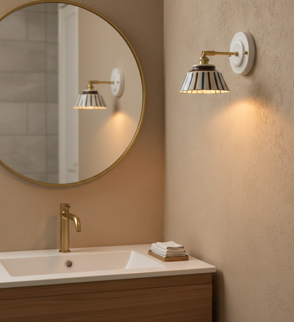 Komorebi Hand-Painted Ceramic Wall Sconce – Striped Japandi Artisanal Light