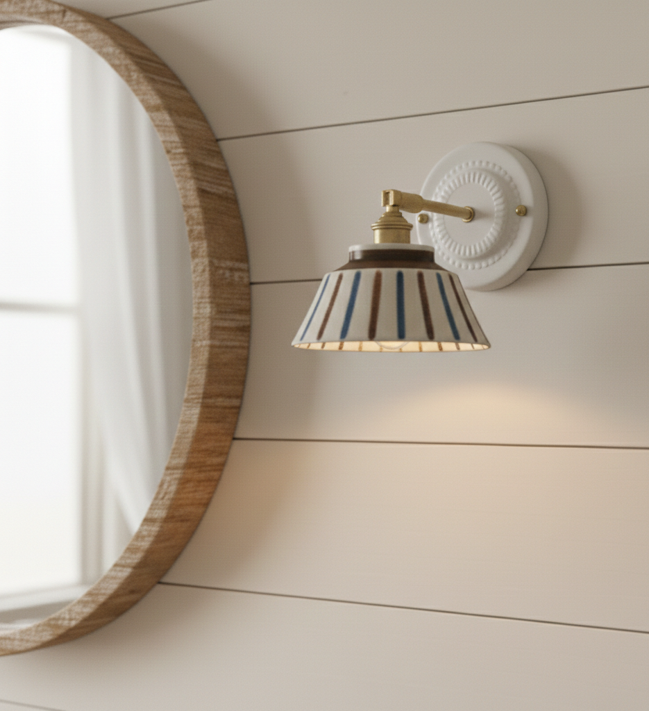 Komorebi Hand-Painted Ceramic Wall Sconce – Striped Japandi Artisanal Light