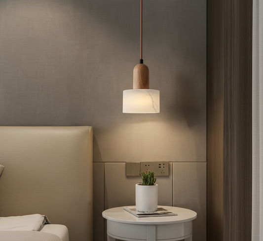 Marble Style Resin Pendant Light with Wooden Accent