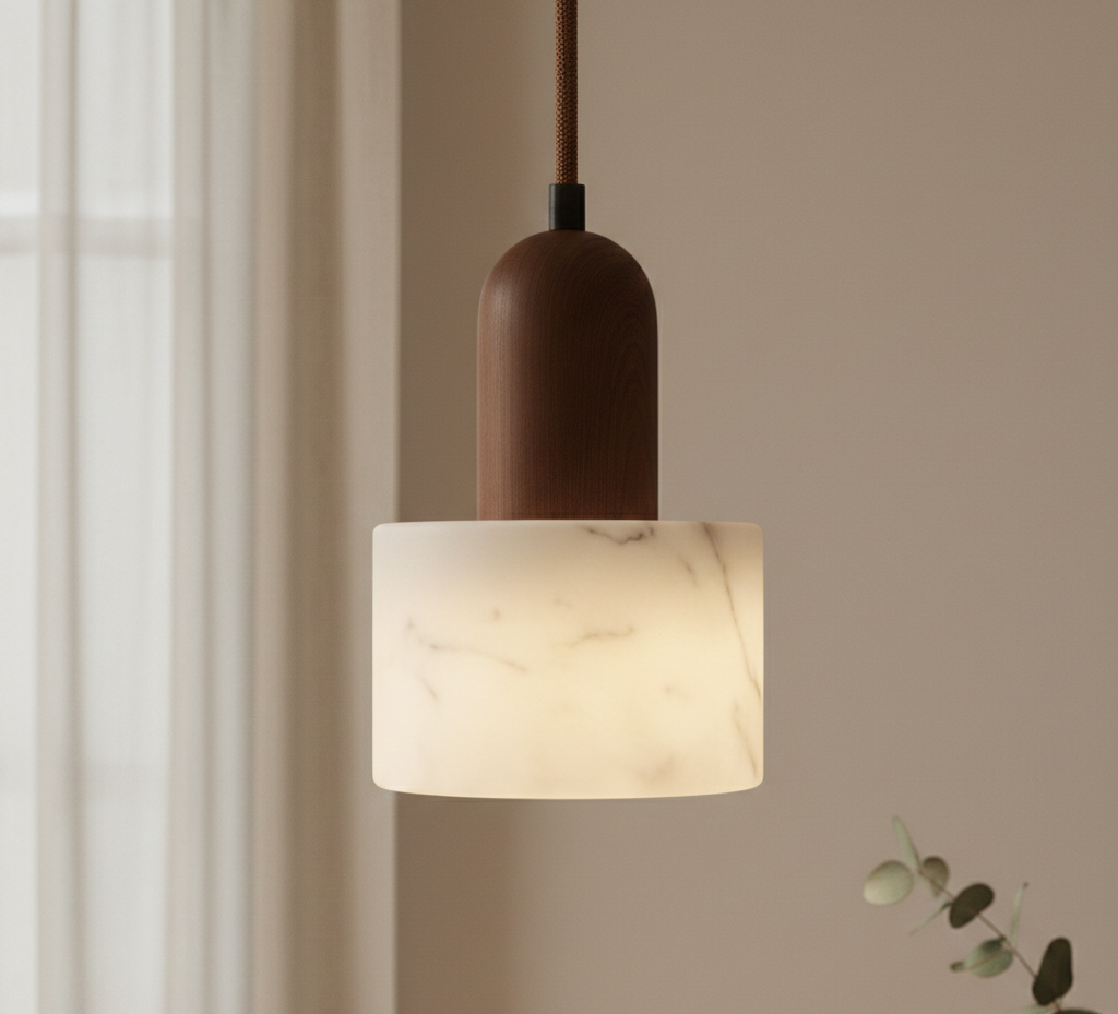 Marble Style Resin Pendant Light with Wooden Accent