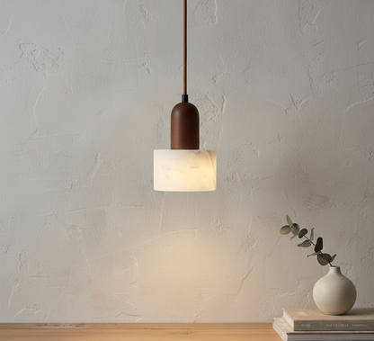 Marble Style Resin Pendant Light with Wooden Accent
