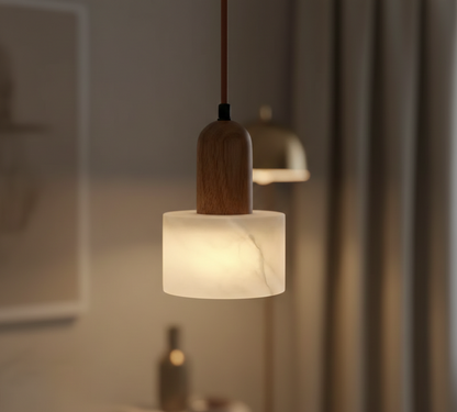 Marble Style Resin Pendant Light with Wooden Accent