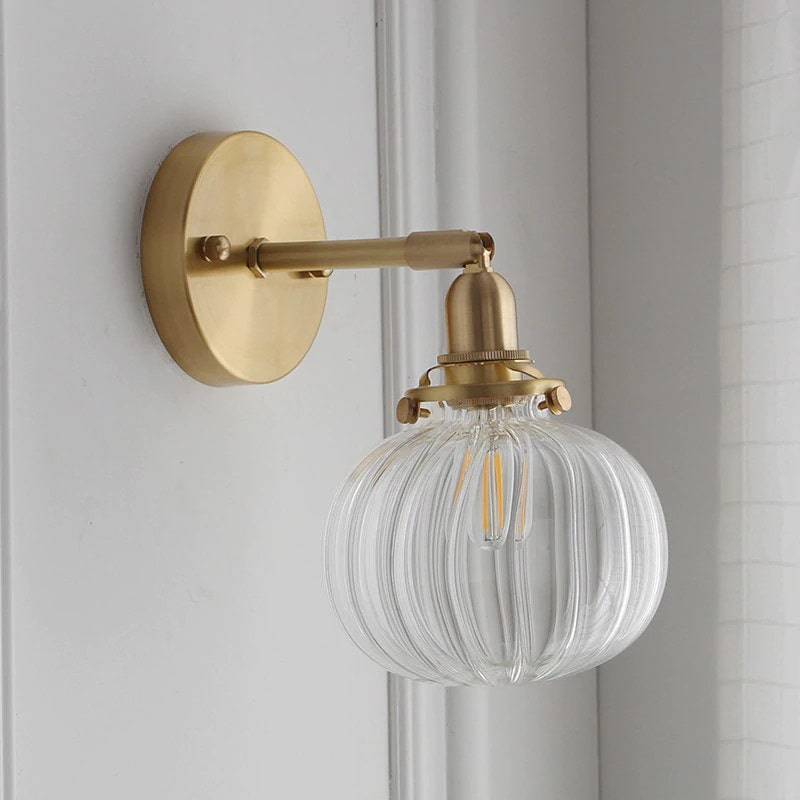 Ribbed Globe Glass Brass Wall Light - 220GBWL - Modefinity