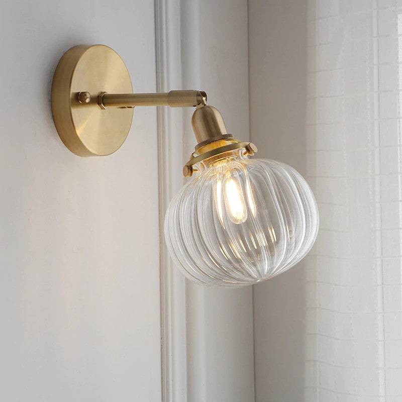 Ribbed Globe Glass Brass Wall Light - 220GBWL - Modefinity