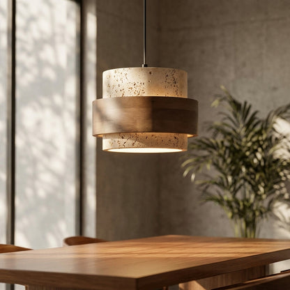 Rustic Modern Travertine Stone And Wood Pendant Light - Modefinity