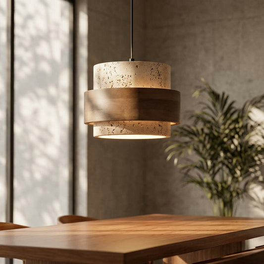 Rustic Modern Travertine Stone And Wood Pendant Light - Modefinity