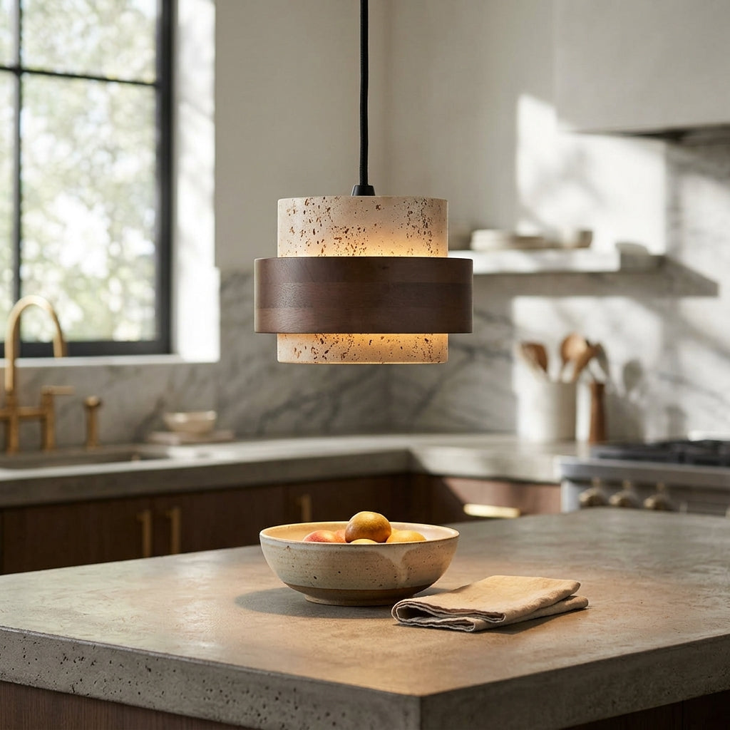 Rustic Modern Travertine Stone And Wood Pendant Light - Modefinity