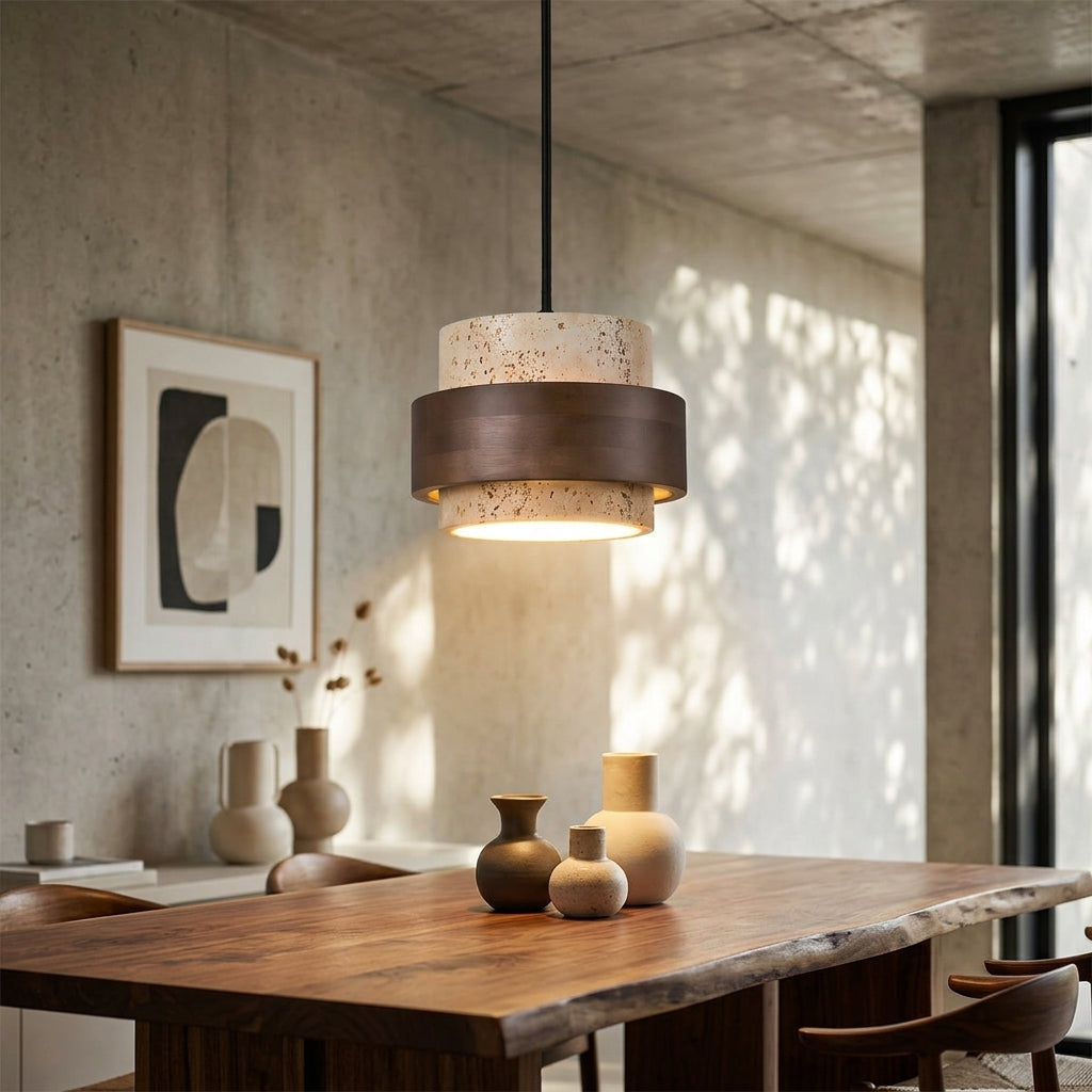 Rustic Modern Travertine Stone And Wood Pendant Light - Modefinity