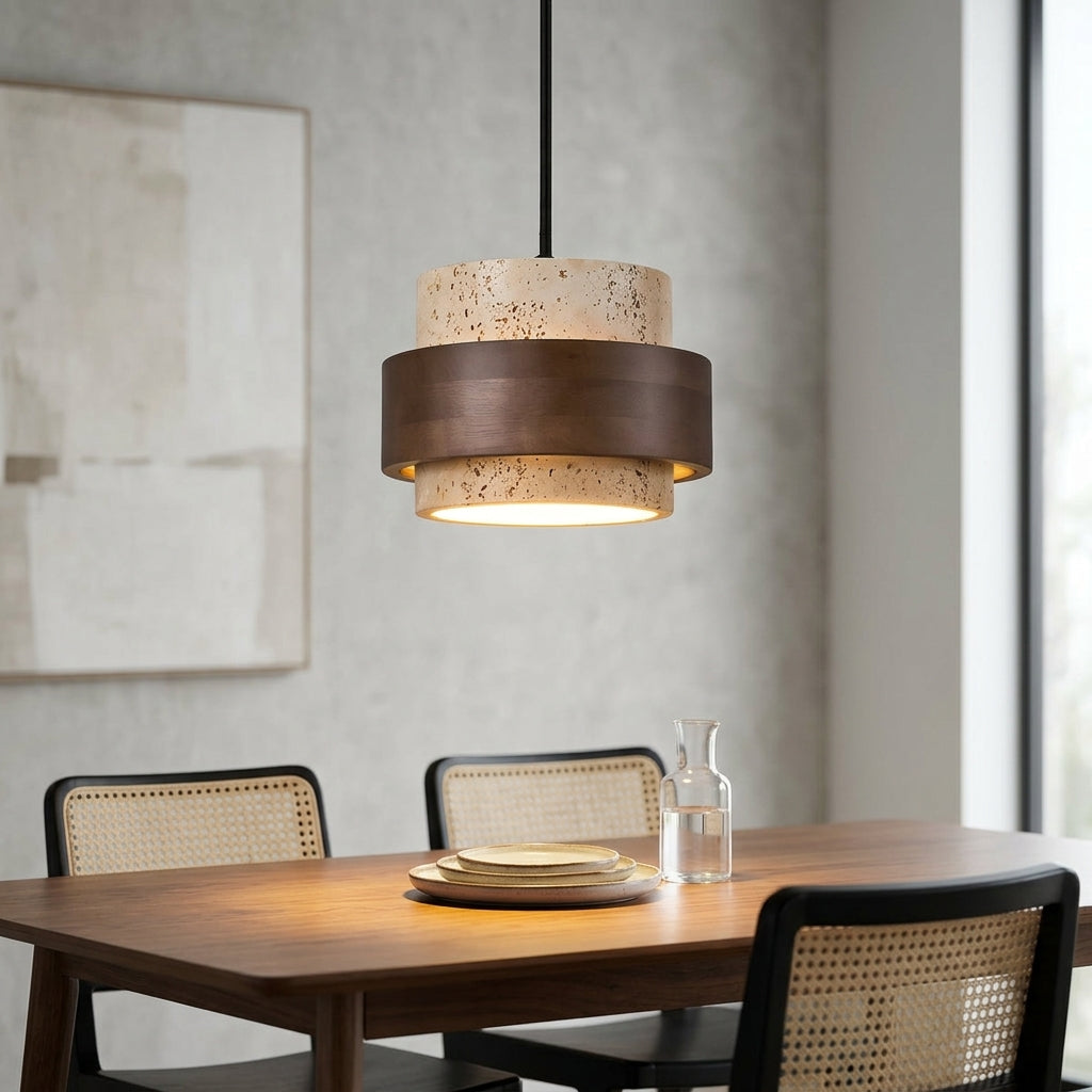 Rustic Modern Travertine Stone And Wood Pendant Light - Modefinity