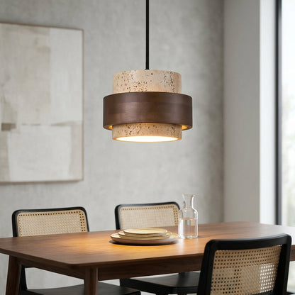 Rustic Modern Travertine Stone And Wood Pendant Light - Modefinity