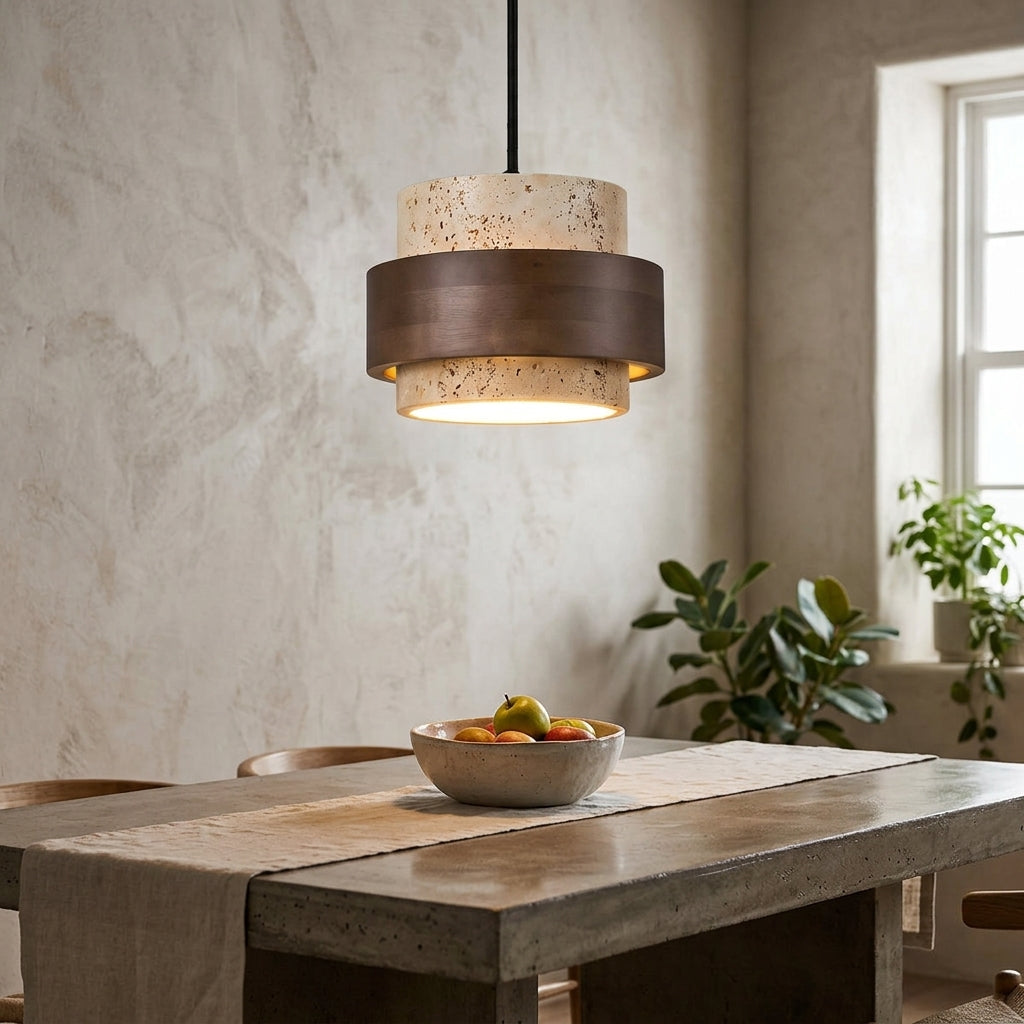 Rustic Modern Travertine Stone And Wood Pendant Light - Modefinity