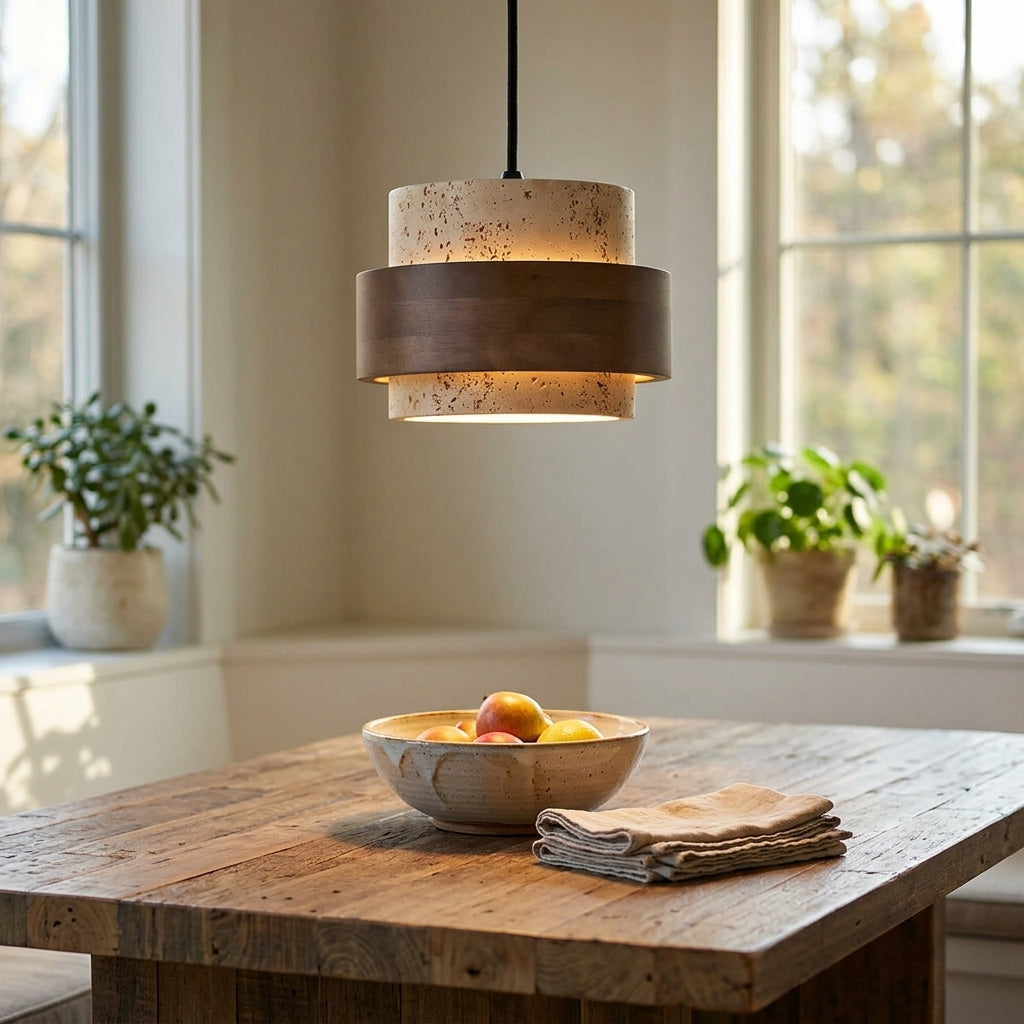 Rustic Modern Travertine Stone And Wood Pendant Light - Modefinity