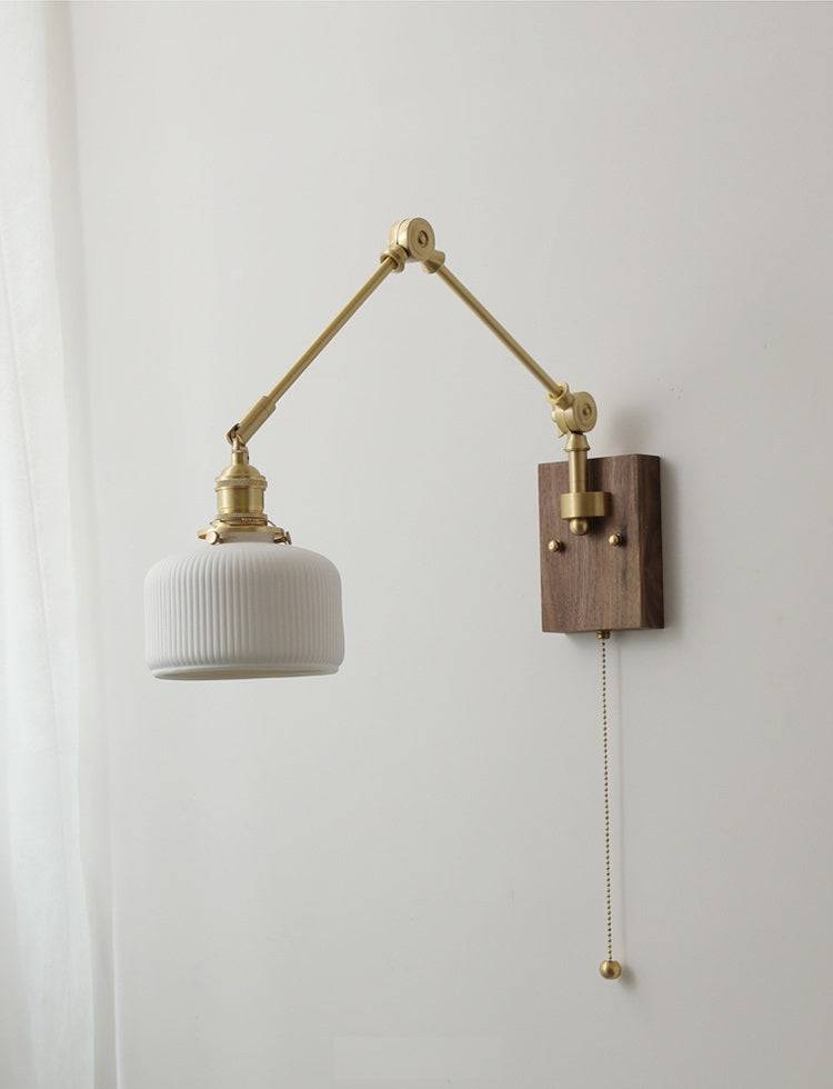 Vintage Brass Swing Arm Wall Sconce with Ribbed Glass Shade - Modefinity