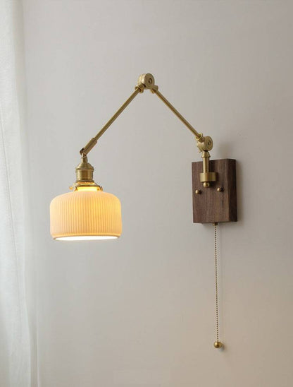 Vintage Brass Swing Arm Wall Sconce with Ribbed Glass Shade - Modefinity