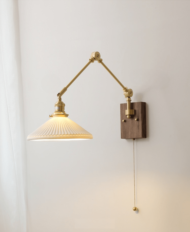 Vintage Brass Swing Arm Wall Sconce with Ribbed Glass Shade - Modefinity