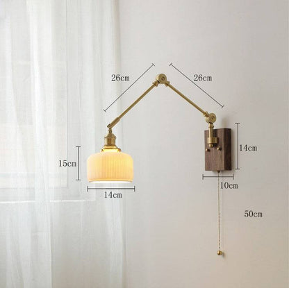 Vintage Brass Swing Arm Wall Sconce with Ribbed Glass Shade - Modefinity