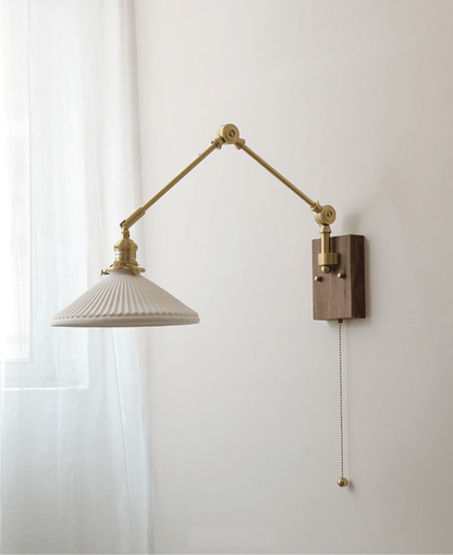 Vintage Brass Swing Arm Wall Sconce with Ribbed Glass Shade - Modefinity