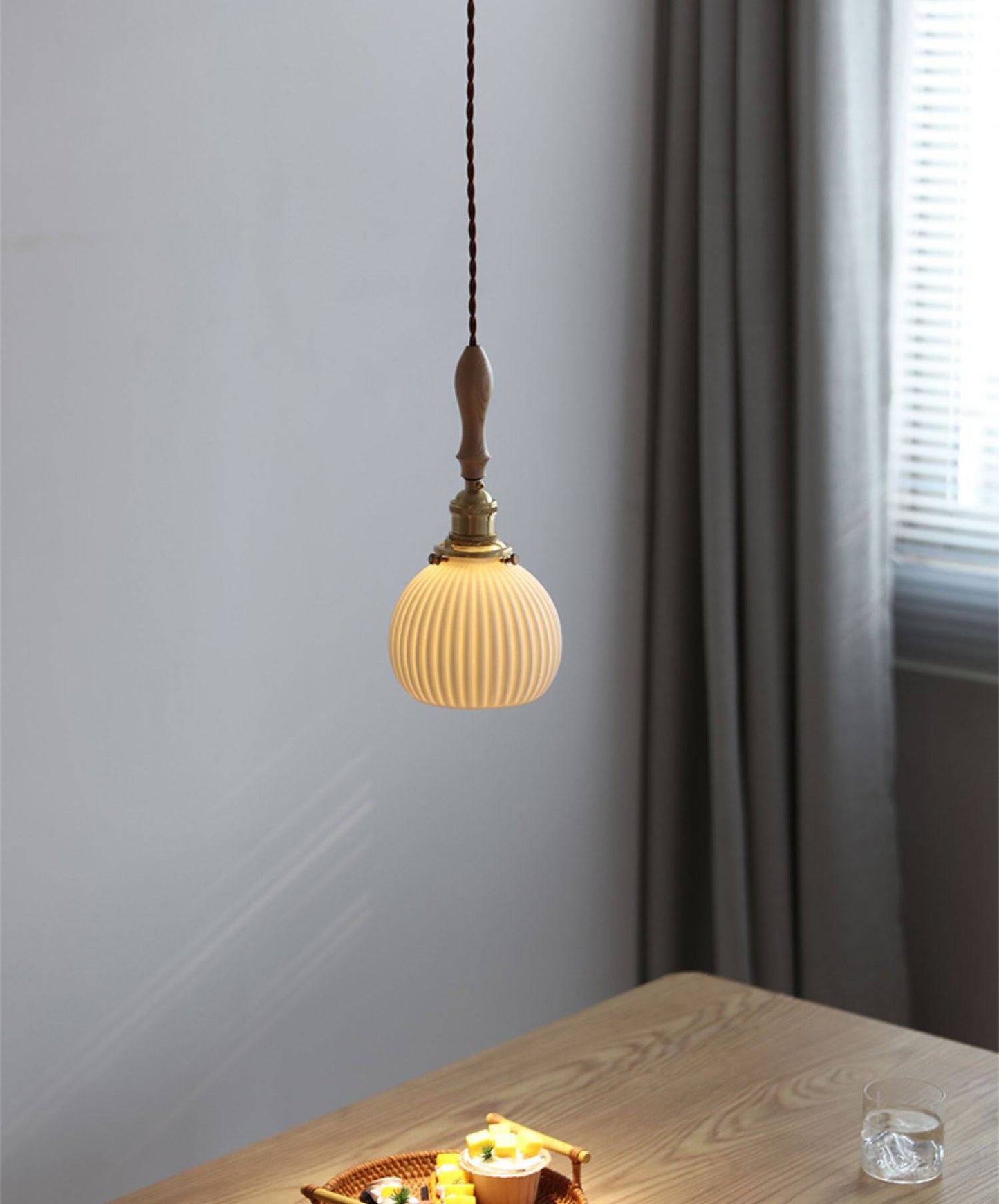 White Ceramic Pendant Light with Wood Stick - 206CPL - Modefinity