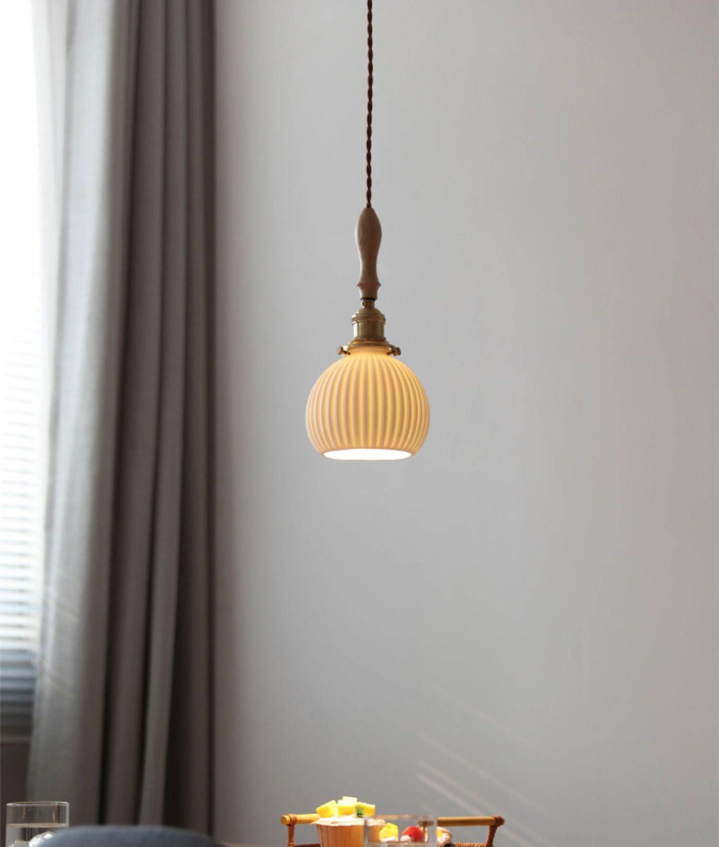 White Ceramic Pendant Light with Wood Stick - 206CPL - Modefinity