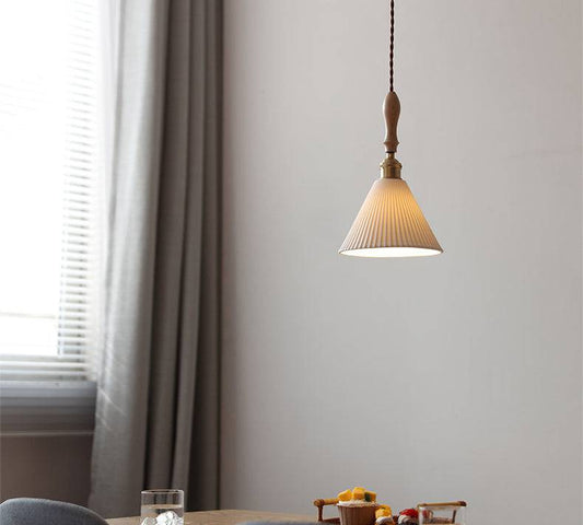 White Ceramic Pendant Light with Wood Stick - 206CPL - Modefinity