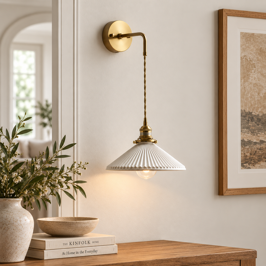 White ceramic wall light with brass hardware in a warm neutral interior